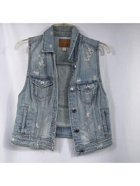 American Eagle Distressed Denim Vest Women’s Medium Light Wash Jean Vest